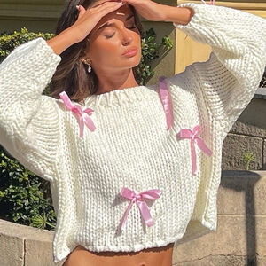 Beginning Boutique Sweetheart Stitch Bow Cream Chunky Knitted Sweater